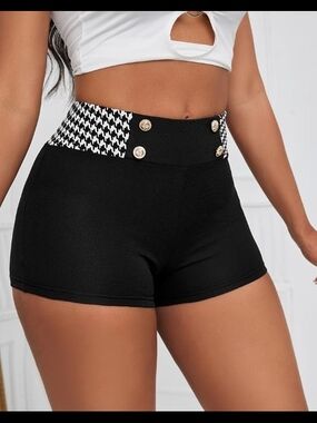 High-Waist Black Houndstooth Accent Women's Shorts